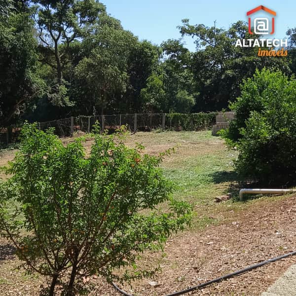 Área externa ensolarada com gramado, árvores e cerca. Ideal para lazer e construção.