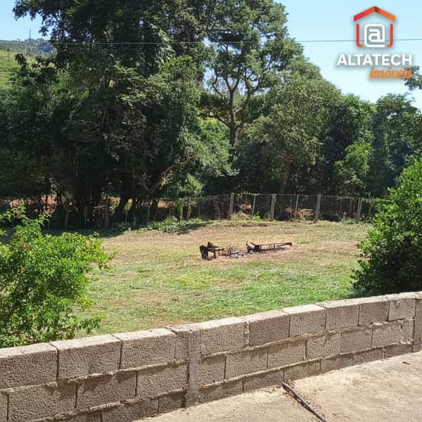 Área externa com gramado, árvores e muro de blocos. Restos de fogueira visíveis.