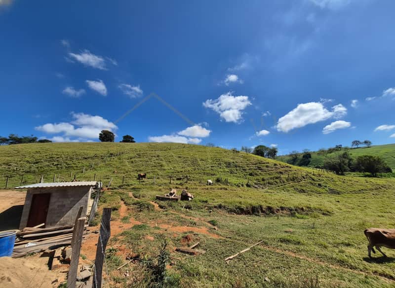 Fazenda ensolarada com pasto verde, curral e céu azul com nuvens. Paisagem rural tranquila.