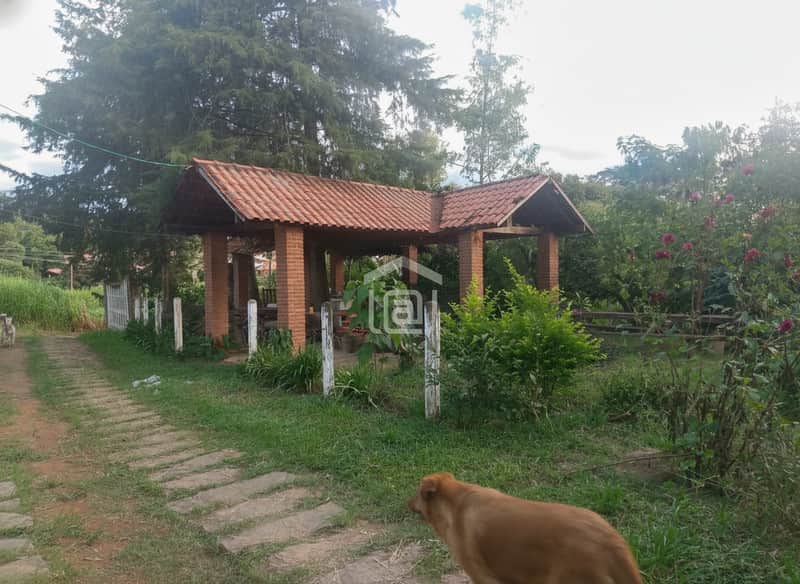 Área externa com rancho rústico de tijolos e telhado colonial. Jardim gramado com cerca e vegetação.