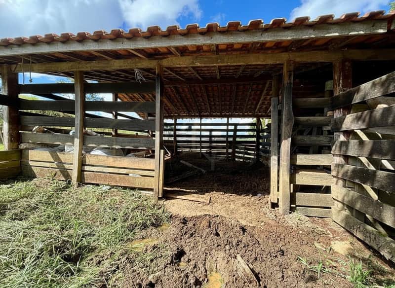 Área externa com curral rústico de madeira e telhado de barro. Chão de terra batida e grama.
