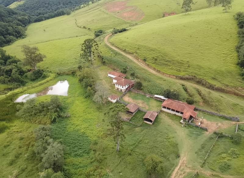 Fazenda com casa colonial, pasto verde e lago. Arquitetura rústica e paisagem campestre.