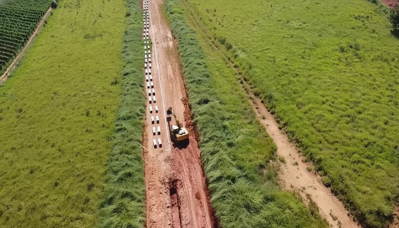 Construção em área externa com tubos brancos e máquina escavadeira amarela. Terreno com grama e terra avermelhada.